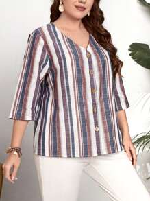 EMERY ROSE Áo sơ mi Plus Size Nút phía trước Sọc Giải trí - Nhiều màu - Xem 1