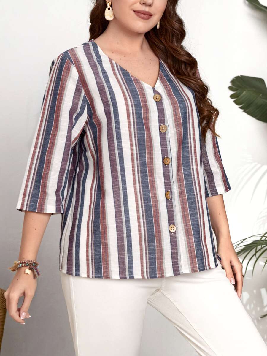 EMERY ROSE Áo sơ mi Plus Size Nút phía trước Sọc Giải trí - Nhiều màu - Xem 1