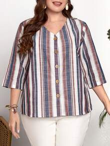 EMERY ROSE Áo sơ mi Plus Size Nút phía trước Sọc Giải trí - Nhiều màu - Xem 6