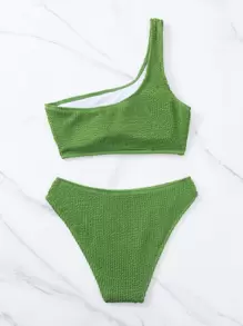 SHEIN Swim Summer Beach Textured One Shoulder Bikini Set - Army Green - View 3