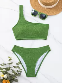 SHEIN Swim Summer Beach Textured One Shoulder Bikini Set - Army Green - View 4