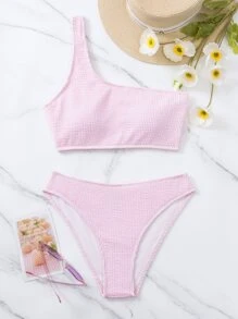 Swim Mod Conjunto de bikini con textura de un hombro para playa en verano