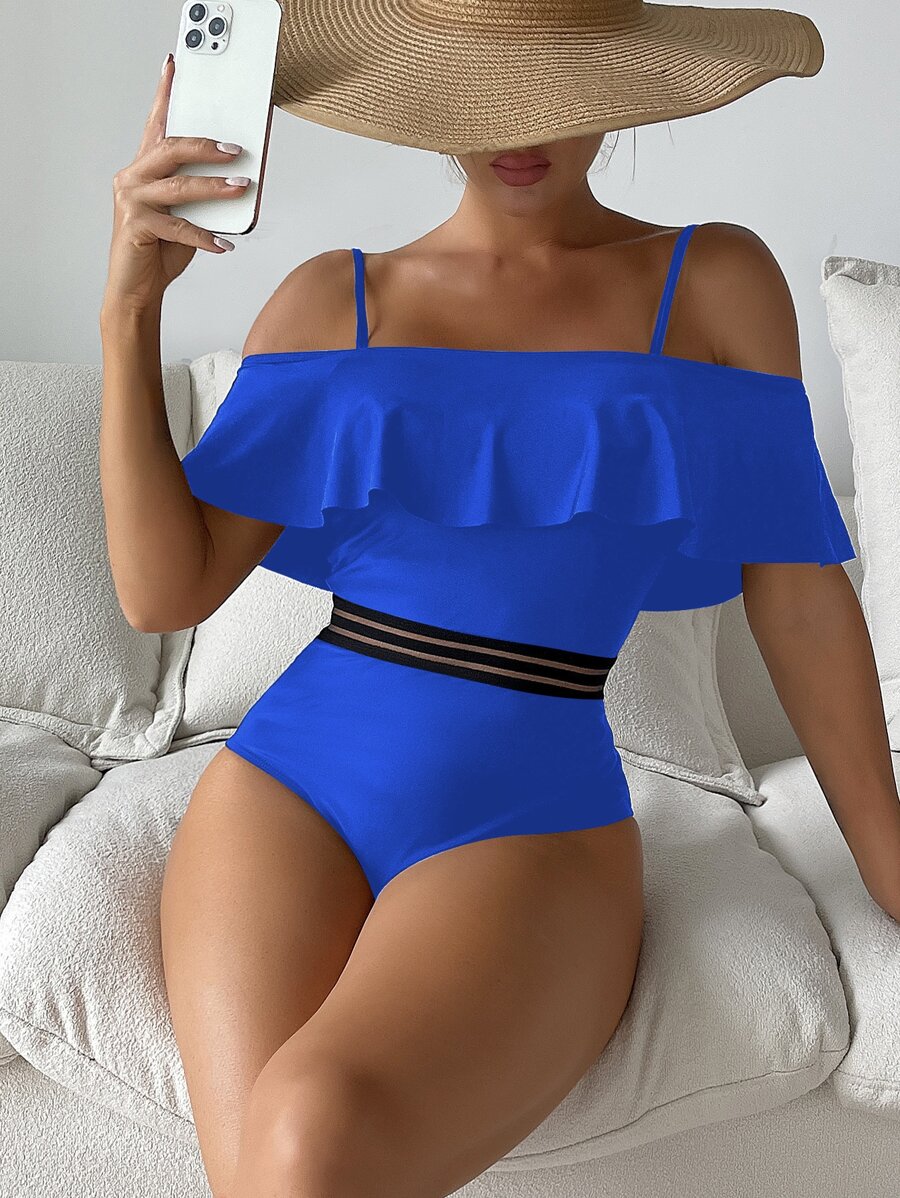 Ruffle Mesh Trim One Piece Swimsuit - Royal Blue - View 1