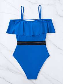 Ruffle Mesh Trim One Piece Swimsuit - Royal Blue - View 3