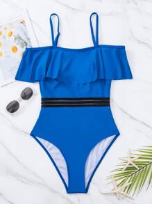 Ruffle Mesh Trim One Piece Swimsuit - Royal Blue - View 4