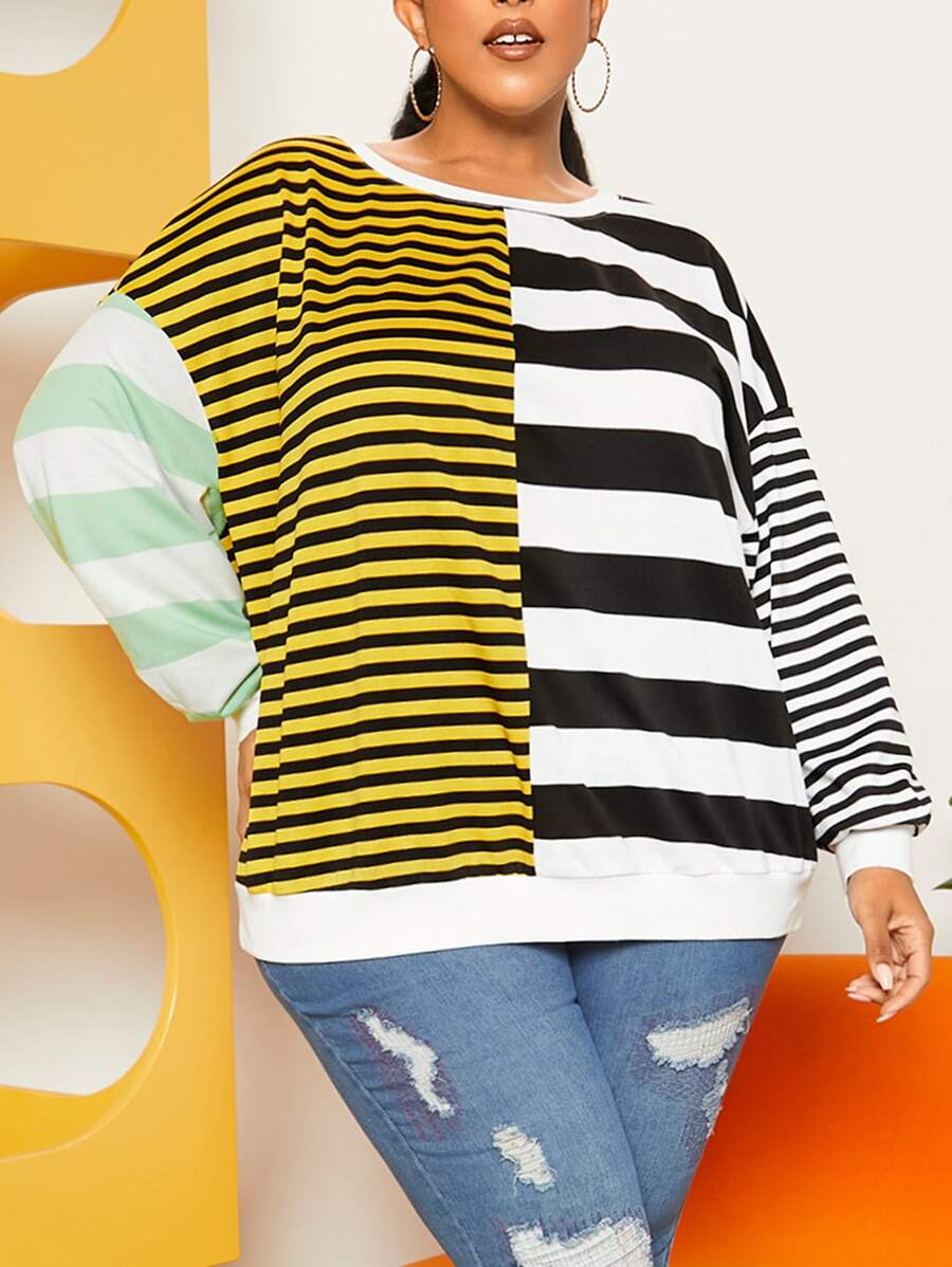 SHEIN CURVE+ Plus Striped Print Drop Shoulder Sweatshirt - Multicolor - View 1
