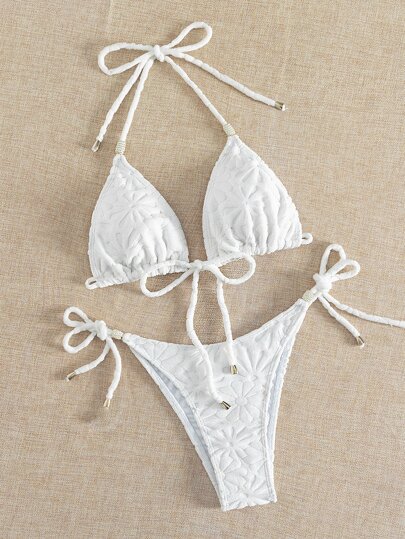Textured Bikini Set Halter Triangle Bra & Tie Side Bottom 2 Pieces Bikini Summer Beach