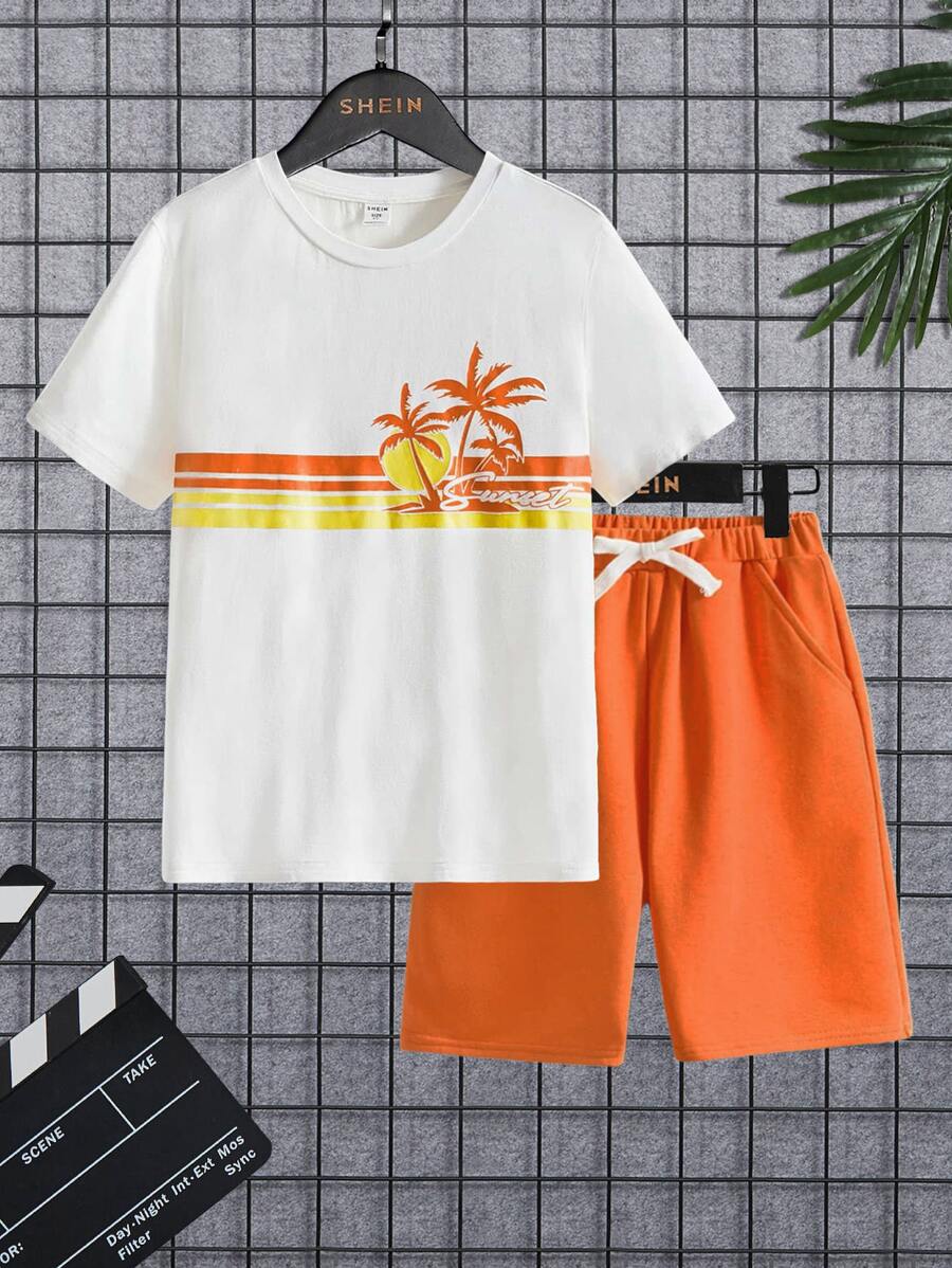 SHEIN Boys Tropical Print Tee & Drawstring Waist Track Shorts - Multicolor - View 1