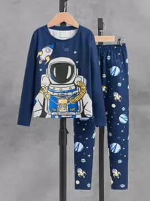 SHEIN Tween Boy Astronaut Print Snug Fit PJ Set - Navy Blue - View 1