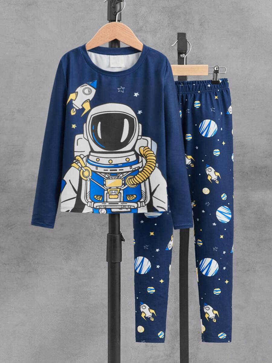 SHEIN Tween Boy Astronaut Print Snug Fit PJ Set - Navy Blue - View 1