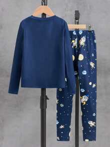SHEIN Tween Boy Astronaut Print Snug Fit PJ Set - Navy Blue - View 2
