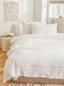 白色蓬松球装饰被套套装,波西米亚农舍风格三件套,迷你蓬松球装饰,白色柔软超细纤维被套,男女通用,包含1个被套和2个枕套,不含被芯 - 白色 - 查看 3