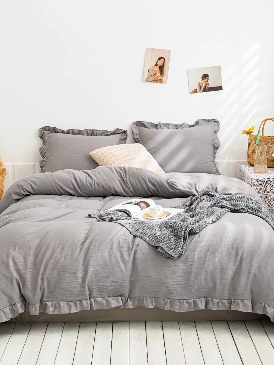 Ruffle Trim Duvet Cover Sets Without Filler - Light Grey - View 1
