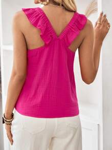 SHEIN Frenchy Rắn Ruffle Trim hàng đầu - Màu Hồng Tươi - Xem 2