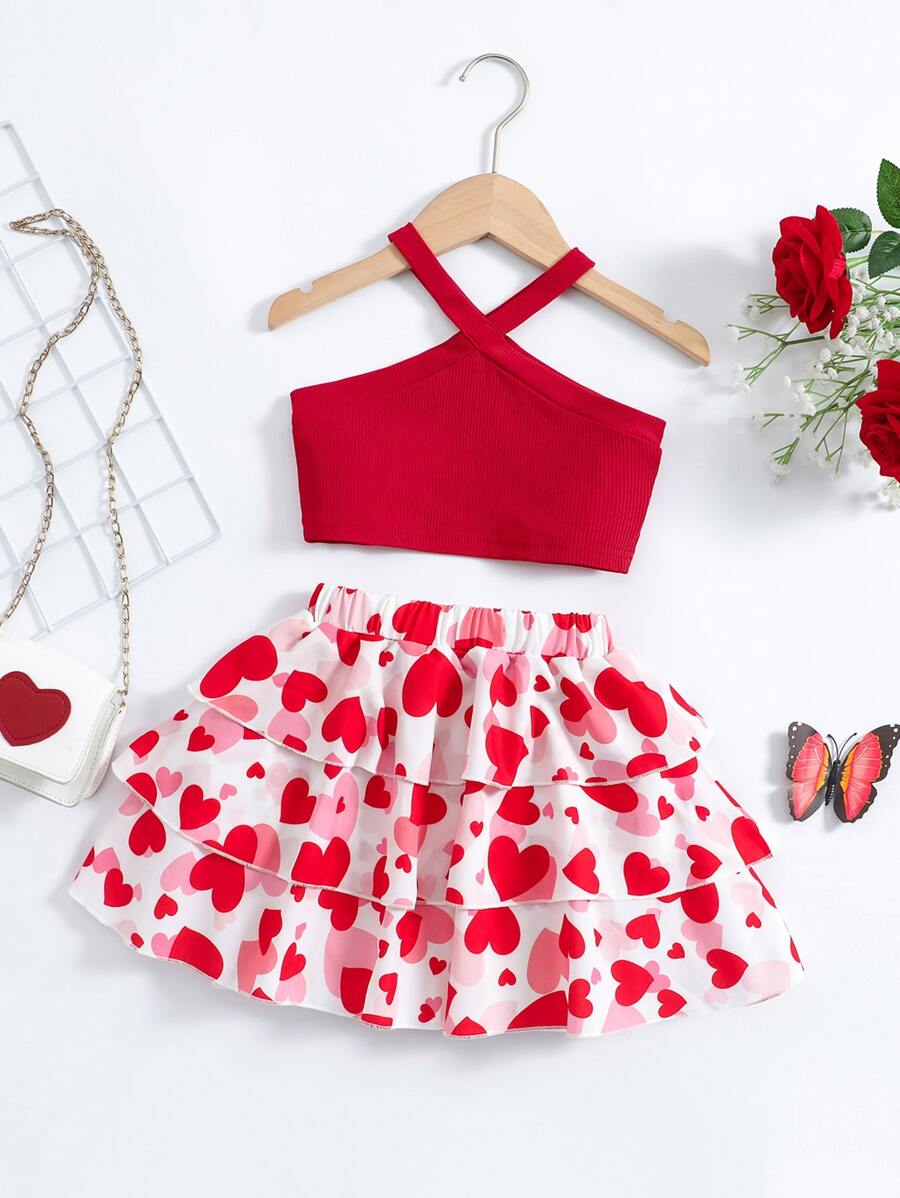 Conjunto de pantalones cortos y top halter casual en forma de corazón rojo y blanco para niña joven para el verano - Rojo y blanco - Ver 1