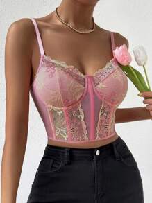 SHEIN Privé Floral Lace Insert Bustier Cami Top - Pink - View 1