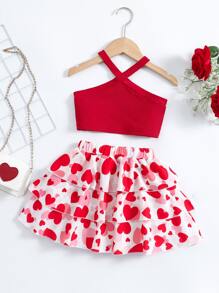 Conjunto de pantalones cortos y top halter casual en forma de corazón rojo y blanco para niña joven para el verano - Rojo y blanco - Ver 2