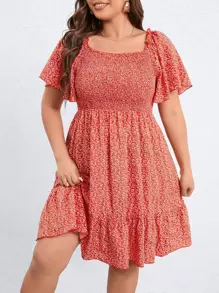 SHEIN Holidaya Plus Ditsy Floral Print Off Shoulder Dress - Red - View 1