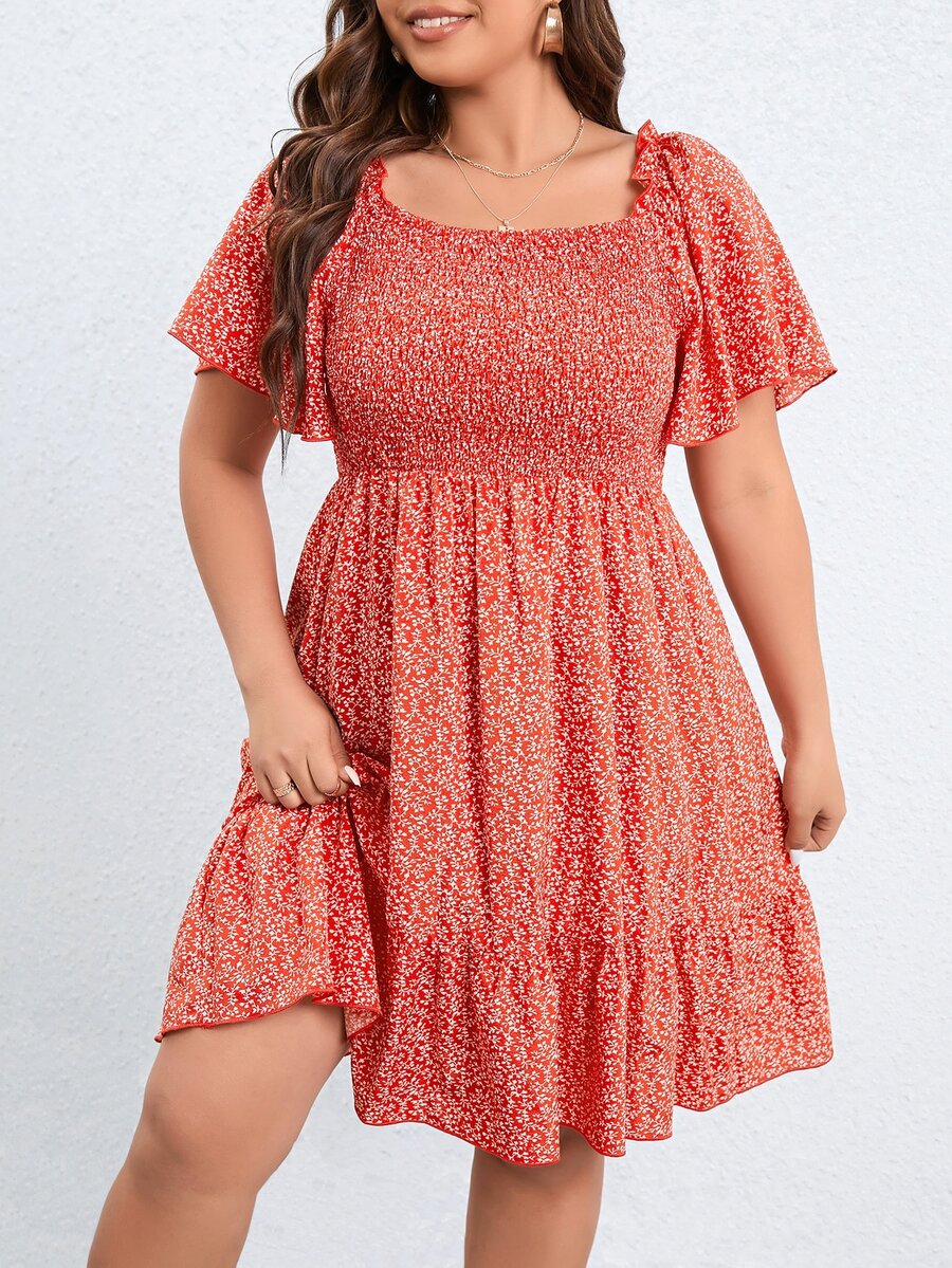 SHEIN Holidaya Plus Ditsy Floral Print Off Shoulder Dress - Red - View 1