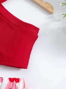 Conjunto de pantalones cortos y top halter casual en forma de corazón rojo y blanco para niña joven para el verano - Rojo y blanco - Ver 3