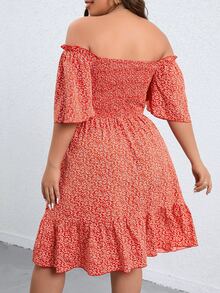 SHEIN Holidaya Plus Ditsy Floral Print Off Shoulder Dress - Red - View 2