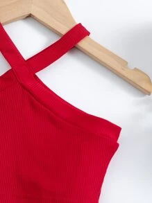 Conjunto de pantalones cortos y top halter casual en forma de corazón rojo y blanco para niña joven para el verano - Rojo y blanco - Ver 4