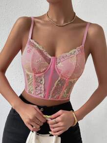 SHEIN Privé Floral Lace Insert Bustier Cami Top - Pink - View 3