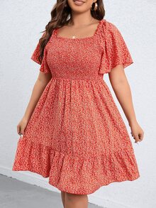 SHEIN Holidaya Plus Ditsy Floral Print Off Shoulder Dress - Red - View 4