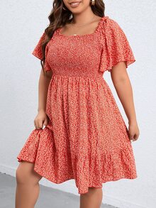 SHEIN Holidaya Plus Ditsy Floral Print Off Shoulder Dress - Red - View 5