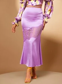 SHEIN BAE 高腰蕾絲拼接緞面魚尾短裙 - 紫丁香色 - 查看 1