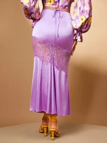 SHEIN BAE 高腰蕾絲拼接緞面魚尾短裙 - 紫丁香色 - 查看 2