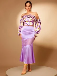 SHEIN BAE 高腰蕾絲拼接緞面魚尾短裙 - 紫丁香色 - 查看 4