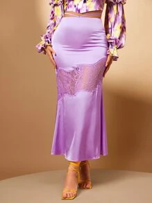 SHEIN BAE 高腰蕾絲拼接緞面魚尾短裙 - 紫丁香色 - 查看 5