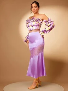 SHEIN BAE 高腰蕾絲拼接緞面魚尾短裙 - 紫丁香色 - 查看 6
