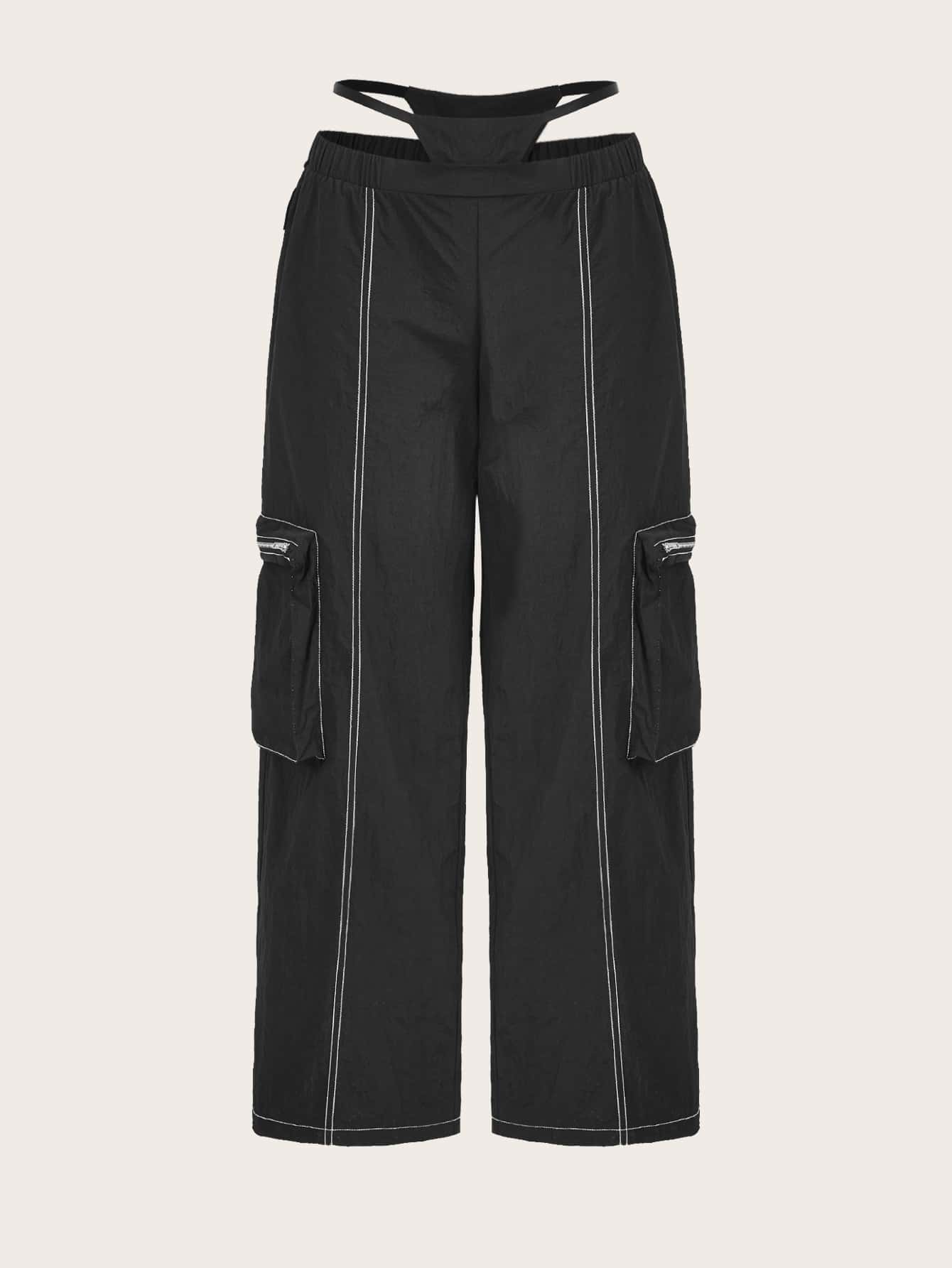 SHEIN ICON Contrast Stitching Cargo Trousers - Black - View 1