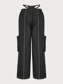 SHEIN ICON Contrast Stitching Cargo Trousers - Black - View 2