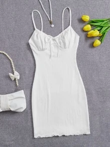 SHEIN EZwear Tie Front Lettuce Trim Cami Dress - White - View 1