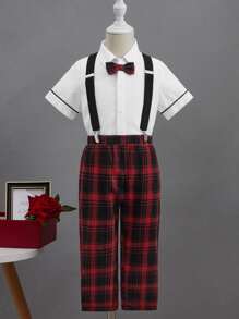 SHEIN 小男童前蝴蝶結襯衫和格紋背帶長褲