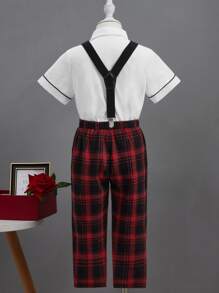 SHEIN 小男童前蝴蝶結襯衫和格紋背帶長褲