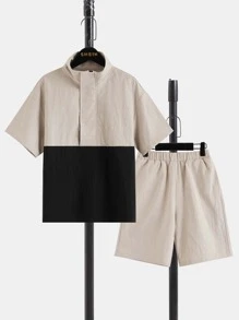 SHEIN Boys Two Tone Flap Pocket Drop Shoulder Top & Shorts - Multicolor - View 1