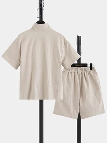 SHEIN Boys Two Tone Flap Pocket Drop Shoulder Top & Shorts - Multicolor - View 2