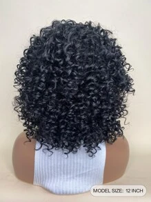 合成耐熱假髮捲曲短假髮黑色12英寸捲髮假髮帶劉海日常使用自然外觀 - 黑色 - 查看 2