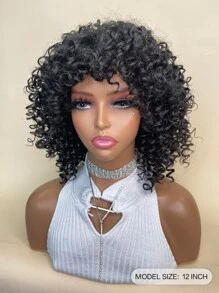合成耐熱假髮捲曲短假髮黑色12英寸捲髮假髮帶劉海日常使用自然外觀 - 黑色 - 查看 7