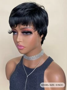 Pelucas sintéticas resistentes al calor, peluca negra ondulada Natural corta con flequillo, cabello Natural diario de 6 pulgadas para mujeres - Negro - Ver 4
