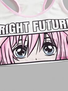 ROMWE Anime Letter Cartoon Figure Graphic Contrast Binding Lingerie Set - White - View 4