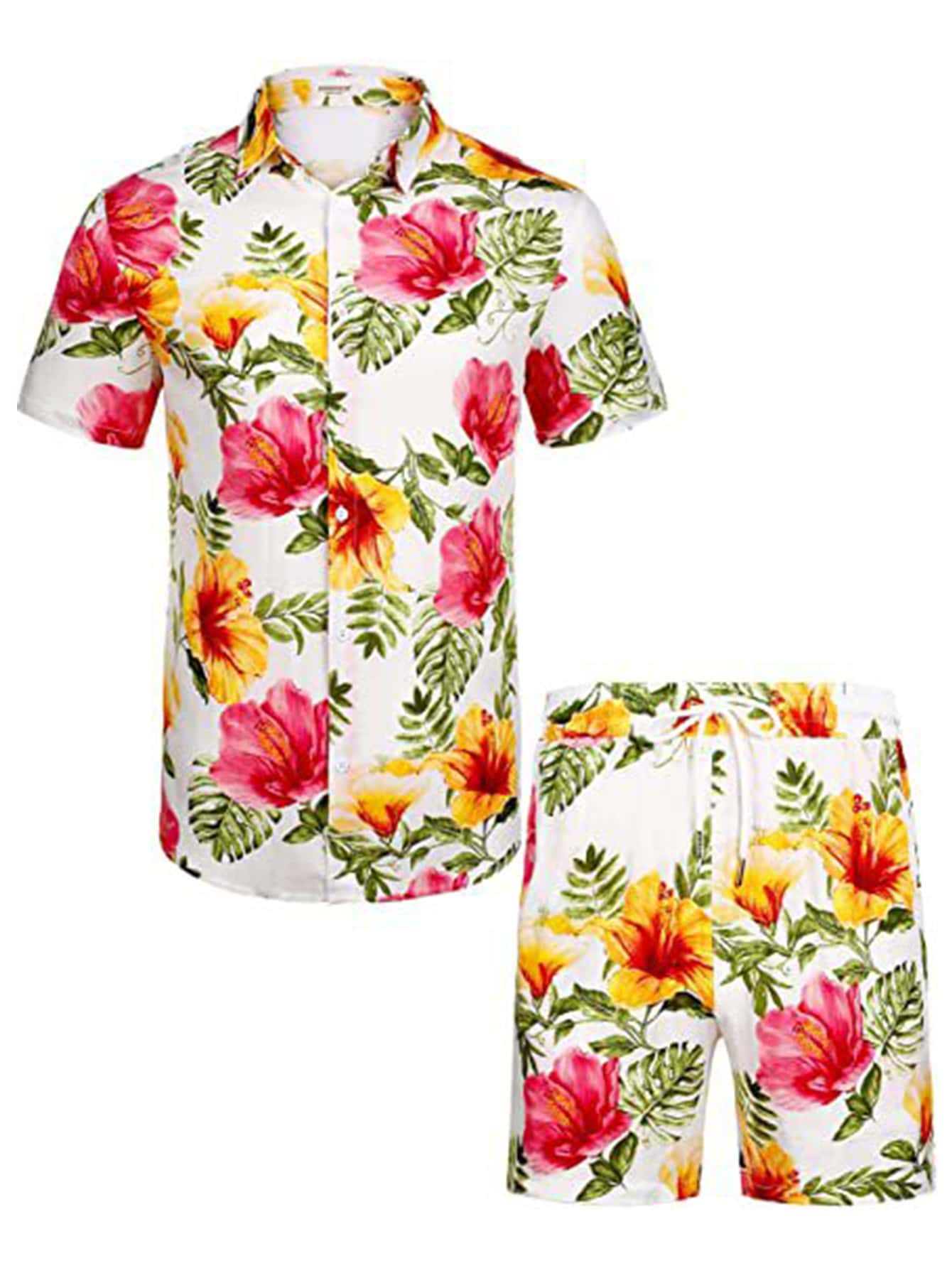 NITAGUT 男士熱帶圖案襯衫和腰部抽繩短褲 - 彩色 - 查看 1