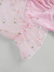 SHEIN MOD 花卉刺繡胸部褶皺泡泡袖短款襯衫 - 淺粉色 - 查看 3