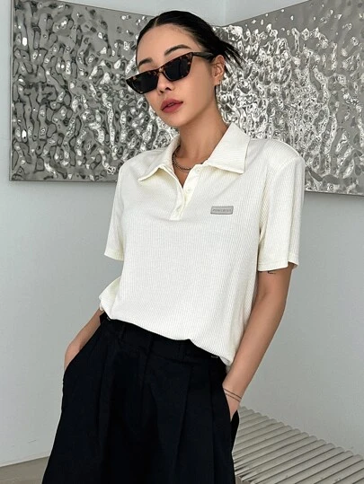 DAZY 字母貼布條紋針織Polo領T恤