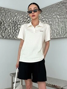 DAZY 字母貼布條紋針織Polo領T恤 - 米色 - 查看 4