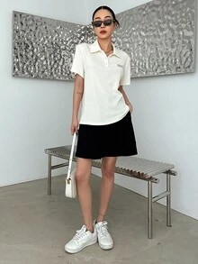 DAZY 字母貼布條紋針織Polo領T恤 - 米色 - 查看 5